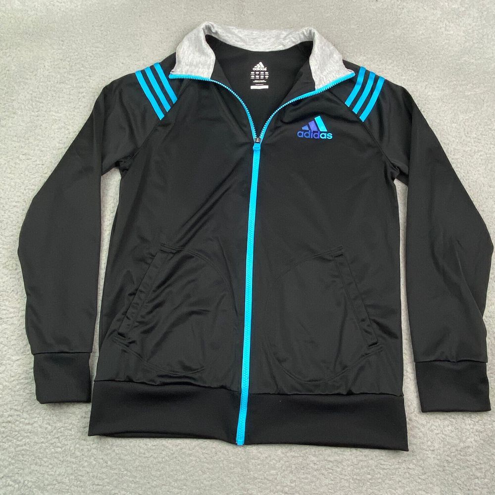 Adidas Track Jacket Large Kids‎ Black Turquoise Full Zip Pockets Climalite